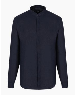 ARMANI EXCHANGE Grandad Collar Linen Shirt - Blue