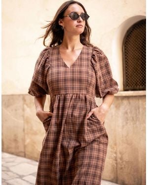 Gini London Cotton Puff Sleeves V Neck Midi Dress - Brown