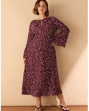 Live Unlimited London Burgundy Spot Print Keyhole Midi Dress - Purple