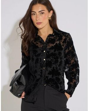 Gini London Floral Burnout Long Sleeve Shirt - Black