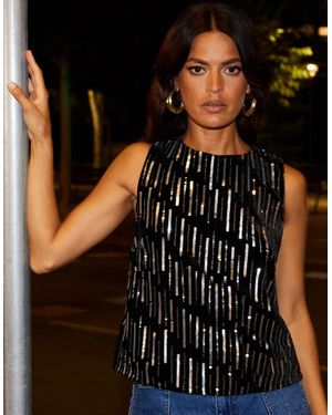 Ro&zo Embellished Velvet Shell Top - Black