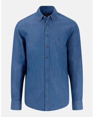 Fynch-Hatton Washed Denim Button Down Shirt Misty - Blue