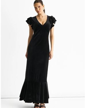 Gini London V Neck Ruffle Sleeves Velvet Occasion Maxi Dress - Black