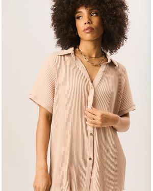 Gini London Plisse Short Sleeve Oversized Shirt - Natural