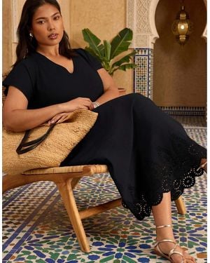 Live Unlimited London Jersey Woven Mix Broderie Maxi Dress - Black