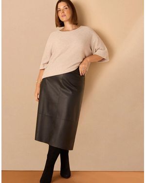 Live Unlimited London Faux Leather Seam Detail Midi Skirt - Natural