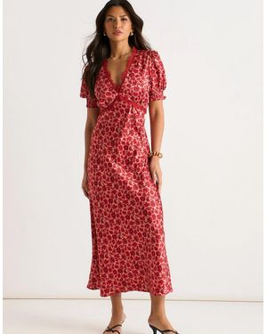Gini London Floral Lace Trim V Neck Midi Dress - Red