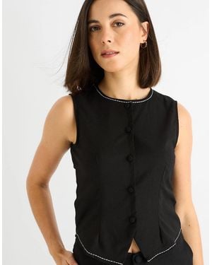 Gini London Cotton Contrast Stitch Detail Waist Coat - Black