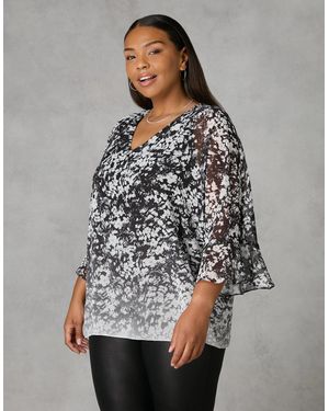 Live Unlimited London Mono Floral Print Flute Sleeve Overlay Top - Grey