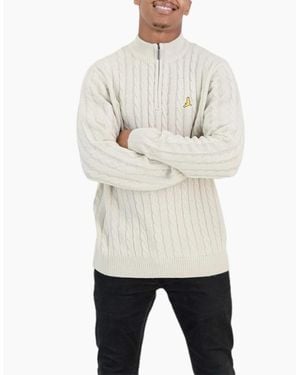 Brave Soul Cable Knit Cardigan Crew Neck Regular Warm Heavy Pullover Jumper - Natural
