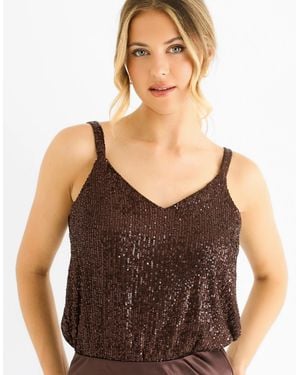 Gini London Chocolate Sequin V Neck Cami Top - Brown