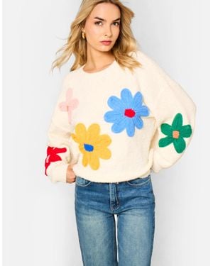 Gini London Cream 3D Flower Crochet Knitted Jumper - Blue