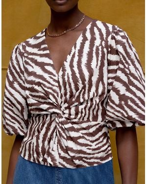 Ro&zo Zebra Print Twist Front Cotton Blouse - Brown