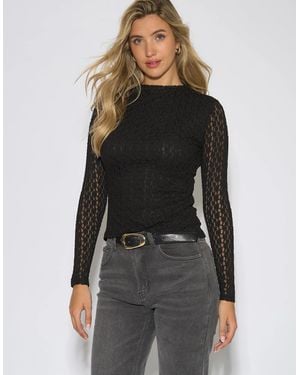 Gini London High Neck Jersey Lace Long Sleeve Top - Black