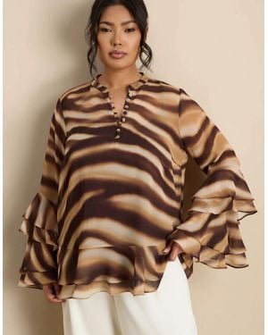 Live Unlimited London Abstract Print Ruffle Blouse - Brown