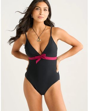 Gini London Plunge Contrast Bow Detail Swimsuit - Black