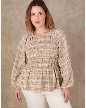 Live Unlimited London Check Shirred Long Sleeve Top - Brown