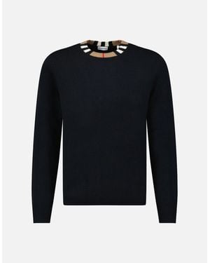 Burberry 'Noland' Knitted Wool/ Cashmere Jumper Check Neck - Blue