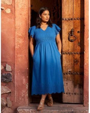 Live Unlimited London Shirred Broderie Cotton Midi Dress - Blue