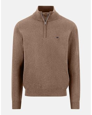Fynch-Hatton Fine Knit Cotton 1/4 Zip Jumper Affogato - Brown
