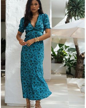 Gini London Floral Lace Trim V Neck Midi Dress - Blue