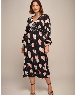 Live Unlimited London Floral Print Empire Midi Dress With Piping Detail - Natural