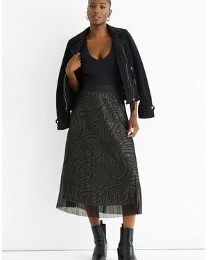 Gini London Animal Print Mesh Overlay Pleated Midi Skirt - Black