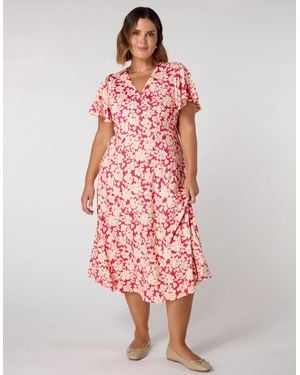 Live Unlimited London Raspberry Floral Flutter Sleeve Wrap Dress - Pink