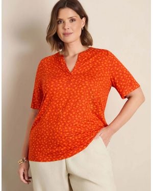 Live Unlimited London Floral Print Nehru Collar Short Sleeve Jersey Top - Red