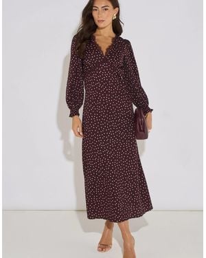 Gini London Chocolate Polka Lace Trim Midi Dress - Red