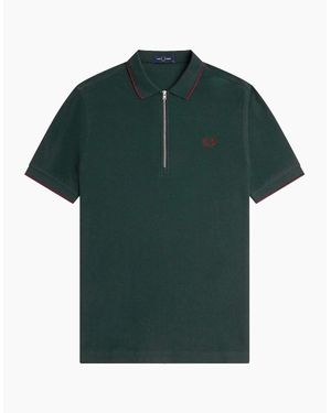 Fred Perry Crepe Pique Zip Neck Polo Shirt - Green