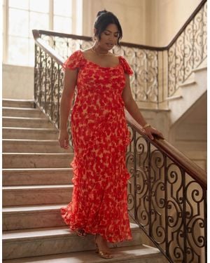 Live Unlimited London Floral Ruffle Sleeve Maxi Dress - Red