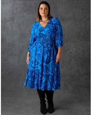 Live Unlimited London Paisley V-Neck Midi Dress - Blue