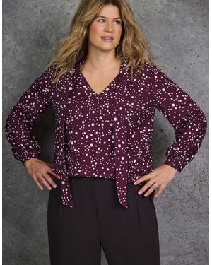 Live Unlimited London Burgundy Spot Print Tie Neck Blouse - Purple