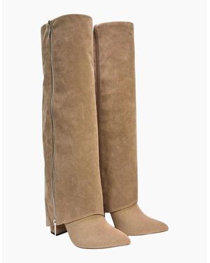 XY London Ladies Allie Fold Over Pointed Side Zip Knee-High Boots - Natural