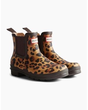 HUNTER Original Chelsea Leopard Print Boot Rubber Leopard Print/Chocolate Wellington Boots - Brown
