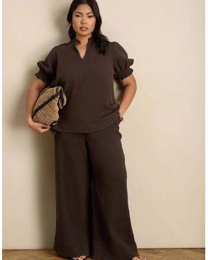 Live Unlimited London Chocolate Cheesecloth Wide Leg Trouser - Brown