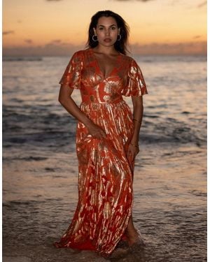 Gini London Metallic Jacquard Flutter Sleeves Floral Maxi Dress - Brown