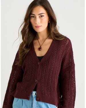 Gini London Chocolate Pointelle Knit Button-Front Cardigan - Purple