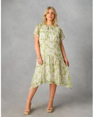 Live Unlimited London Floral Ruffle Sleeve Midi Dress - Yellow