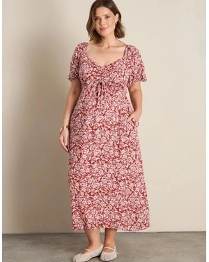 Live Unlimited London Rust Floral Print Crinkle Puff Sleeve Midaxi Dress - Brown