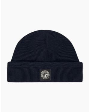Stone Island Ribbed Organic Cotton Beanie Hat - Blue