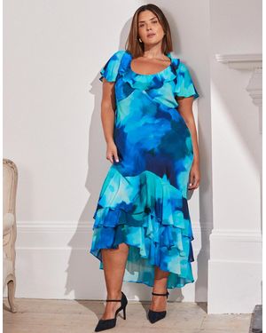 Live Unlimited London Floral Scoop Neck Ruffle Dress - Blue