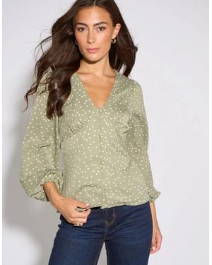 Gini London V Neck Spot Print Button Front Blouse - Green