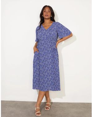 Live Unlimited London Ditsy Angel Sleeve Midi Dress - Blue