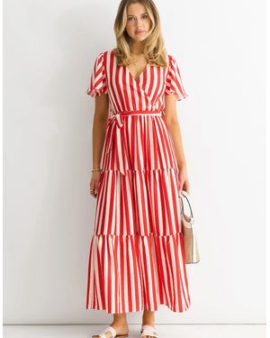 Gini London Stripe Wrap Belted Viscose Midi Dress - Red