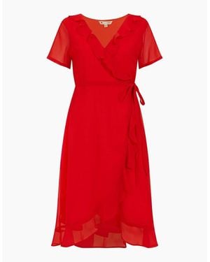 Yumi' Frill V-Neck Midi Wrap Dress - Red