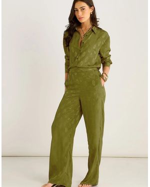 Gini London Khaki Floral Satin Jacquard Trousers - Green