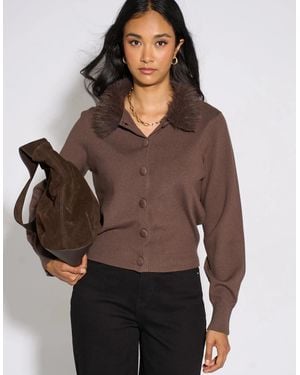 Gini London Fur Trim Cardigan - Brown