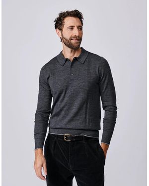 aubi Elm Extra Fine Merino Textured Long Sleeve Polo - Blue
